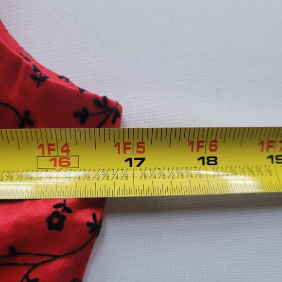 Dani Max 1990s Red Satin Chinese Flowers Flocked Velvet Slip Dress (Size: 8) - Picture 2 of 12